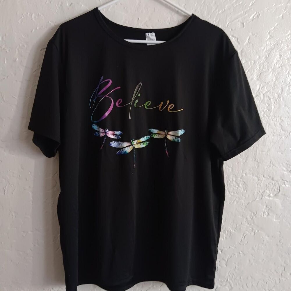 Believe Dragonflies womens Tshirt Sz 2x black graphic crew neck short sleeve y2k